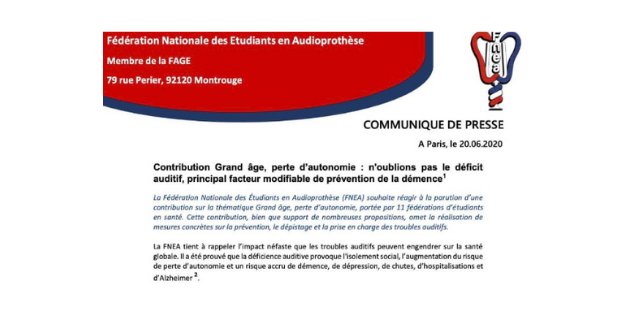 La Fédération Nationale des Etudiants en Audioprothèse (FNEA) veut que les troubles auditifs soient pris en compte dans les réflexions des  fédérations d&rsquo;étudiants en santé sur le grand âge